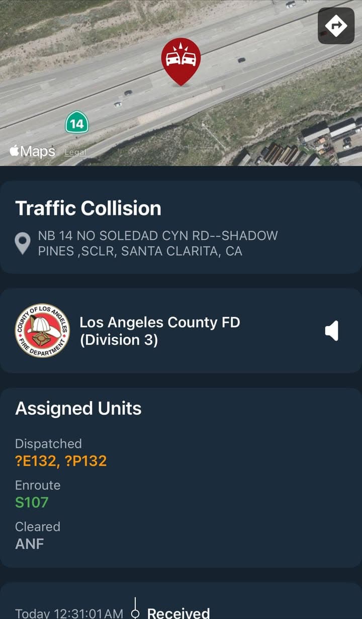 11-79…NB14 just north of Soledad Canyon Rd…multi-vehicle traffic collision…Sheriff and FD enroute...