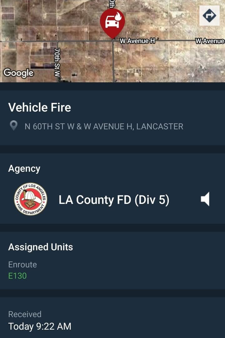 904A....50th Street West and Avenue H....vehicle on fire....sheriff and FD enroute code...
