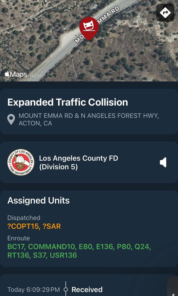 902T/902R/914C…Angeles Forest Highway and Mt. Emma Road…gray sedan over the side…male, driver...