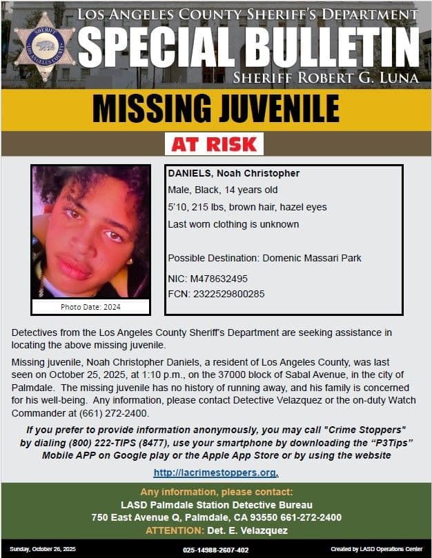 #LASD is Asking for the Public's Help Locating At-Risk Missing Juvenile, Noah...