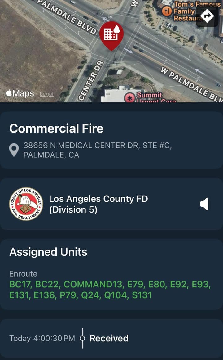 904S…38656 Medical Center Drive, Suite C…reported structure fire…Sheriff and FD enroute code...