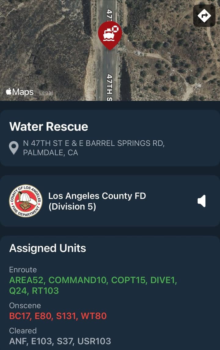 927C…47th Street East and Barrel Springs Rd…water rescue…vehicle into aqueduct…possible person inside…Sheriff...