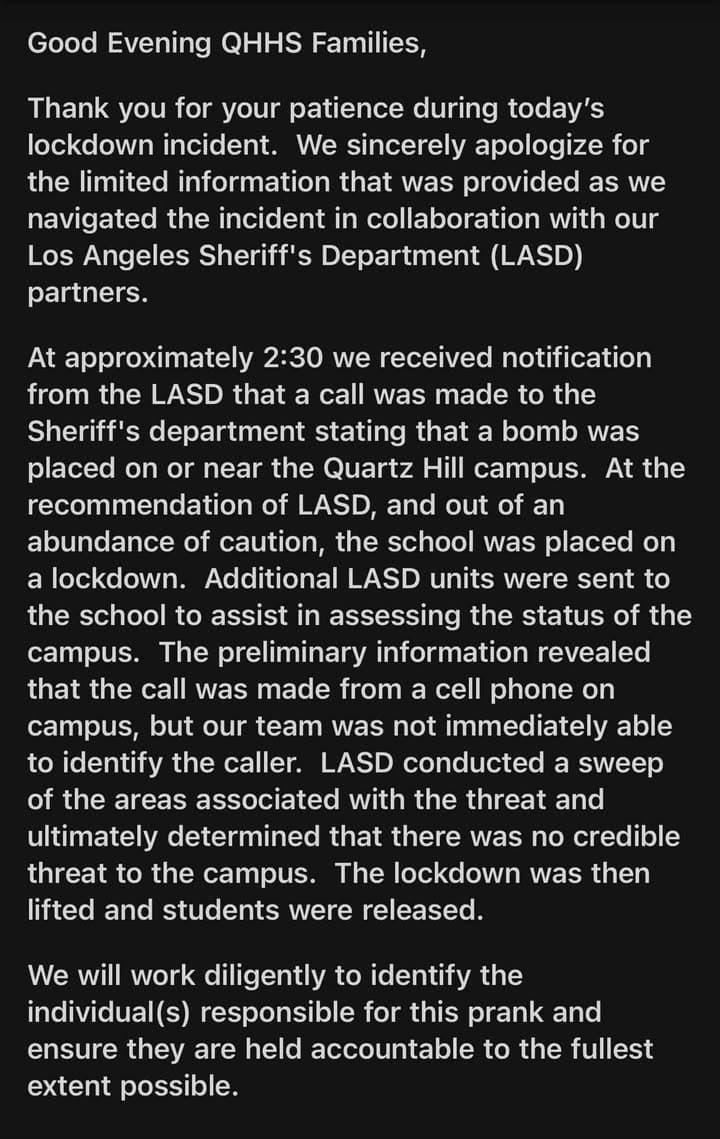 Update on QHHS incident