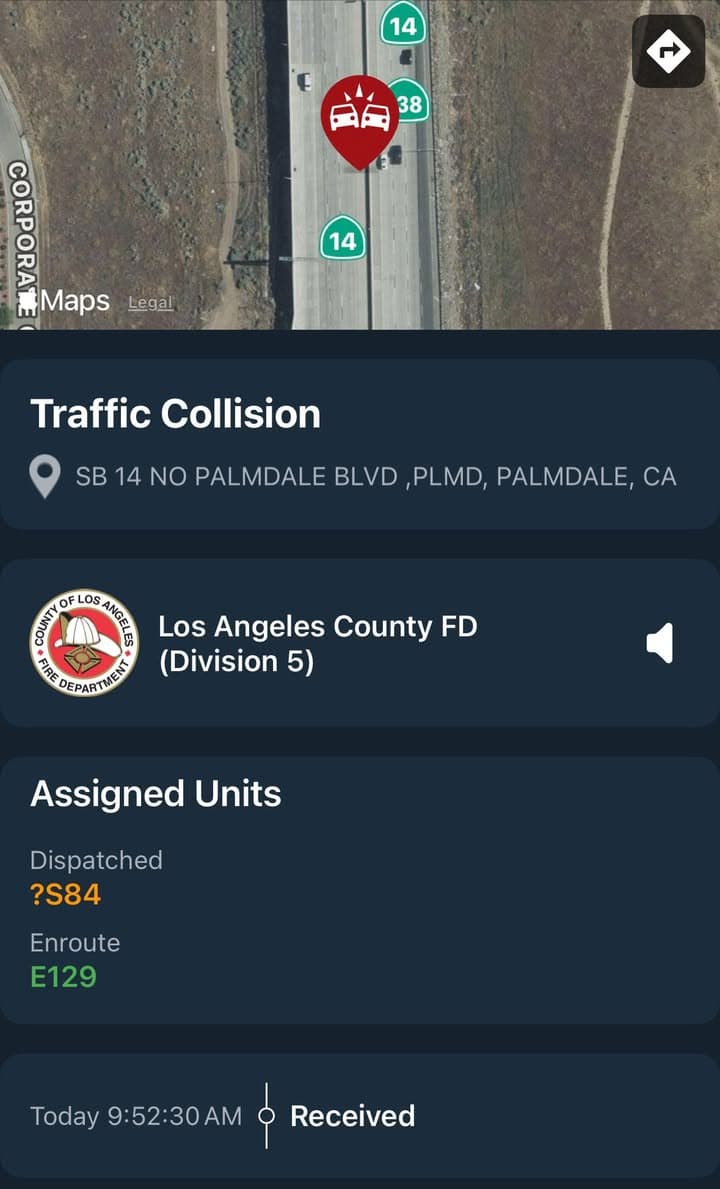 11-79…SB14 north of Palmdale Blvd…solo vehicle traffic collision…white or gold Toyota 4Runner...