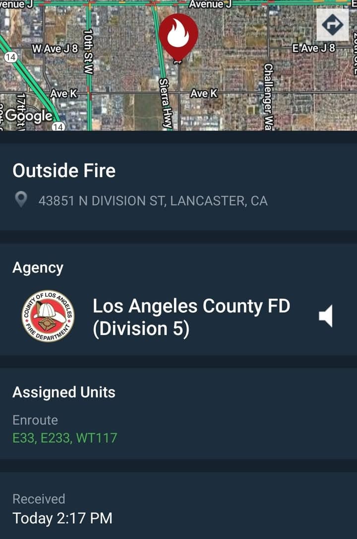 904S....43619 Sierra Highway.....caller states building is on fire....sheriff and FD enroute code...