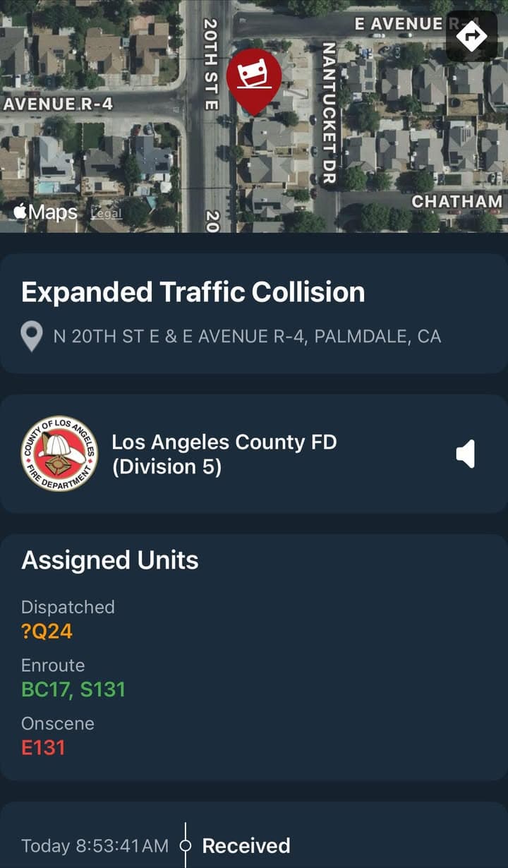 902T/902R…20th Street East and Avenue R4…reported traffic collision…Sheriff and FD enroute code...