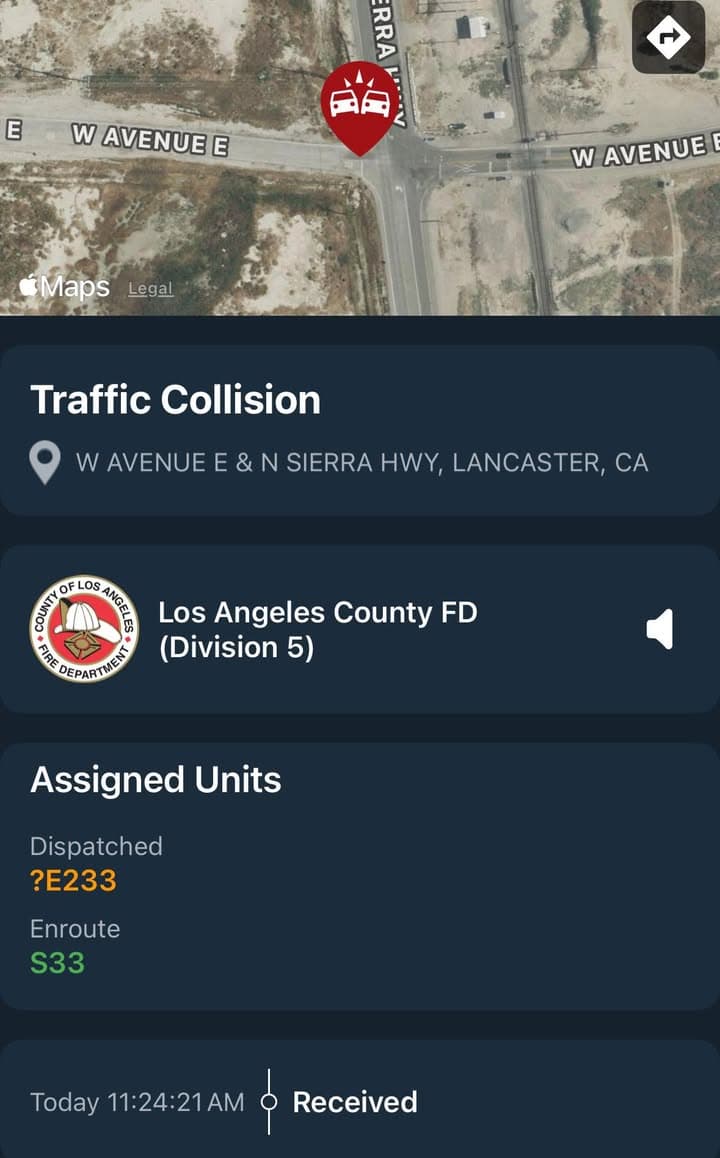 901T/902R/914C…Sierra Highway and Avenue E…2 vehicle traffic collision…Sheriff and FD enroute code...
