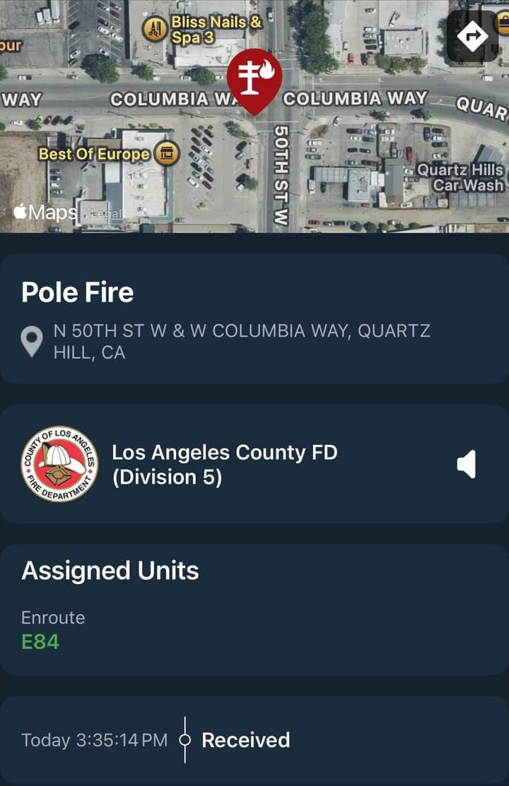 904…50th Street West and Columbia Way…reported pole fire…FD enroute UPDATE: E84 on...