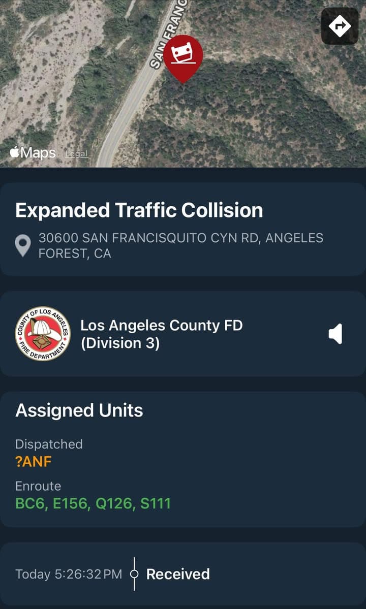 11-79…San Francisquito Canyon Rd at MM 12.22…solo vehicle traffic collision…possible entrapment…vehicle overturned...