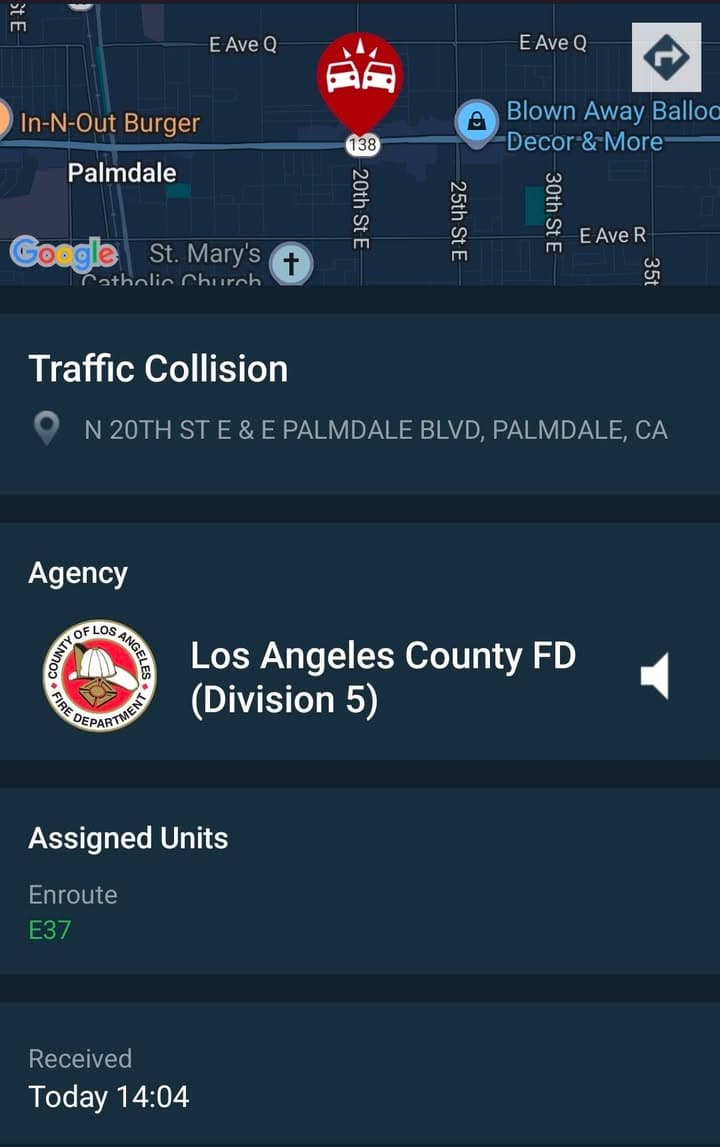 902T/902R....20th Street East and Palmdale Boulevard....two vehicle collsion....sheriff and FD enroute code...