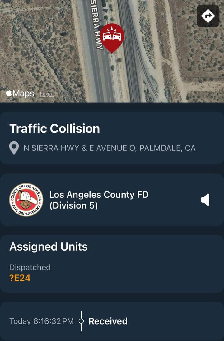902T/902R…Sierra Highway and Avenue O…3 vehicle traffic collision…Sheriff and FD enroute code...