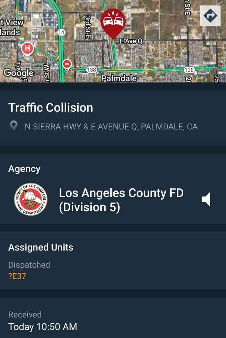902T/902R....Sierra Highway and Avenue Q....three vehicle collsion....sheriff and FD enroute code 3...
