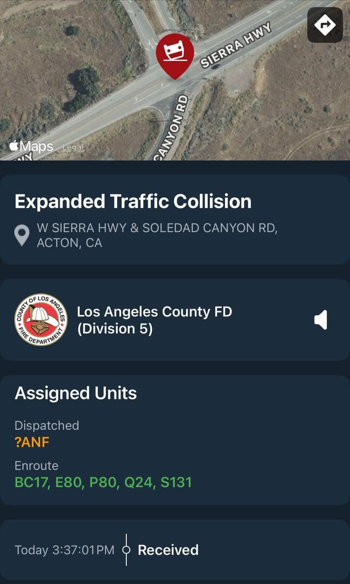 11-79…Sierra Highway and Soledad Canyon Rd…2 vehicle traffic collision with possible entrapment…white...
