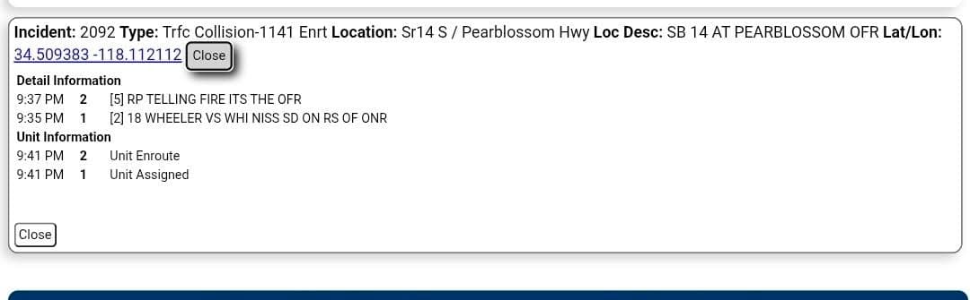 11-79....SB 14 at Pearblossom Highway offramp....semi vs white Nissan....CHP and FD enroute...