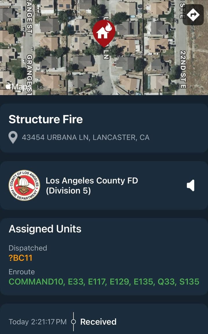 904S…43454 Urbana Lane…reported structure fire…Sheriff and FD enroute code 3 UPDATE: E135...