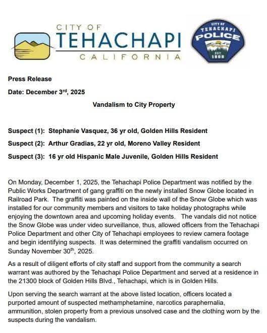Press Release: Date: December 3, 2025 Vandalism to City Property