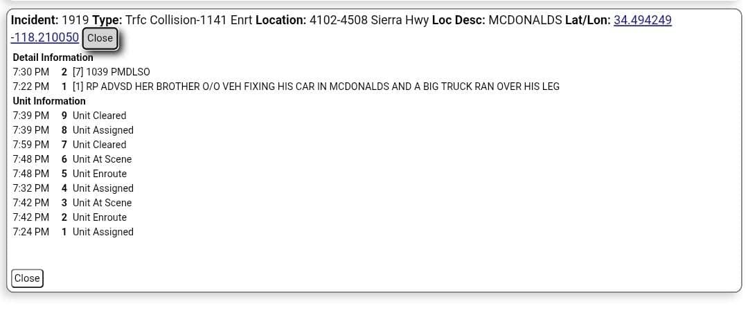 11-79....Crown Valley and Sierra Highway at McDonald's....caller states brother was working on...
