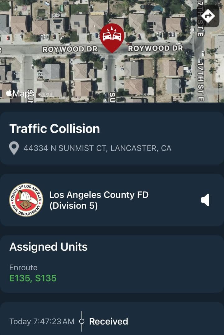 902T/902R…44334 Sunmist Ct…reported traffic collision, unknown if injuries…Sheriff and FD enroute code...