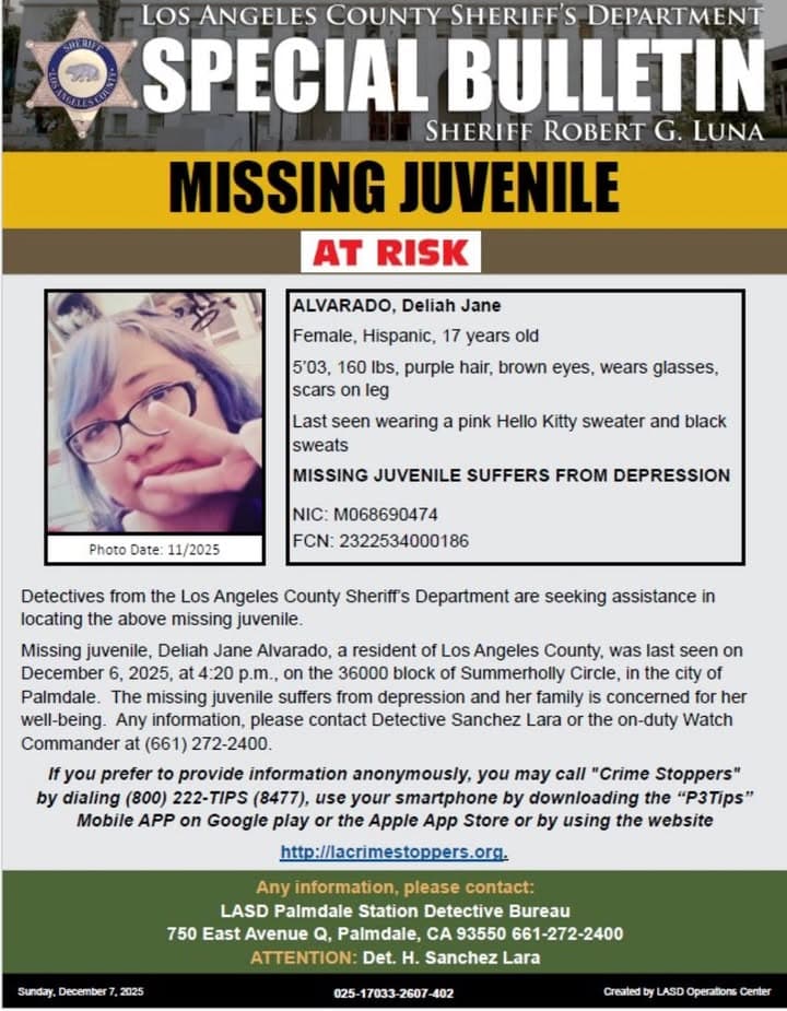#LASD is Asking for the Public's Help Locating At-Risk Missing Juvenile, Deliah...