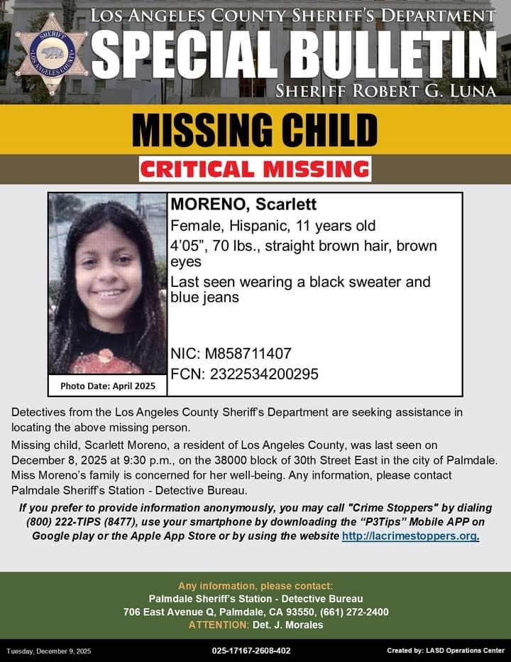 #LASD is Asking for the Public’s Help Locating Critical Missing Juvenile, Scarlett...
