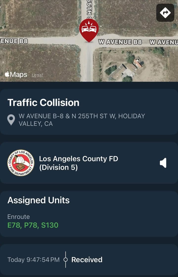 11-79…255th Street West and Avenue B8…motorcycle down…rider lost control of motorcycle…requesting FD...