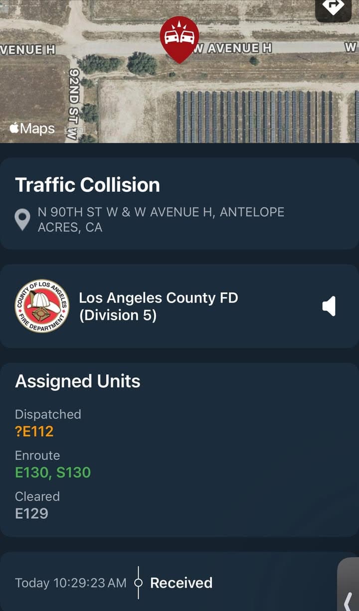 902T/902R…90th Street West and Avenue H…reported traffic collision…Sheriff and FD enroute code...