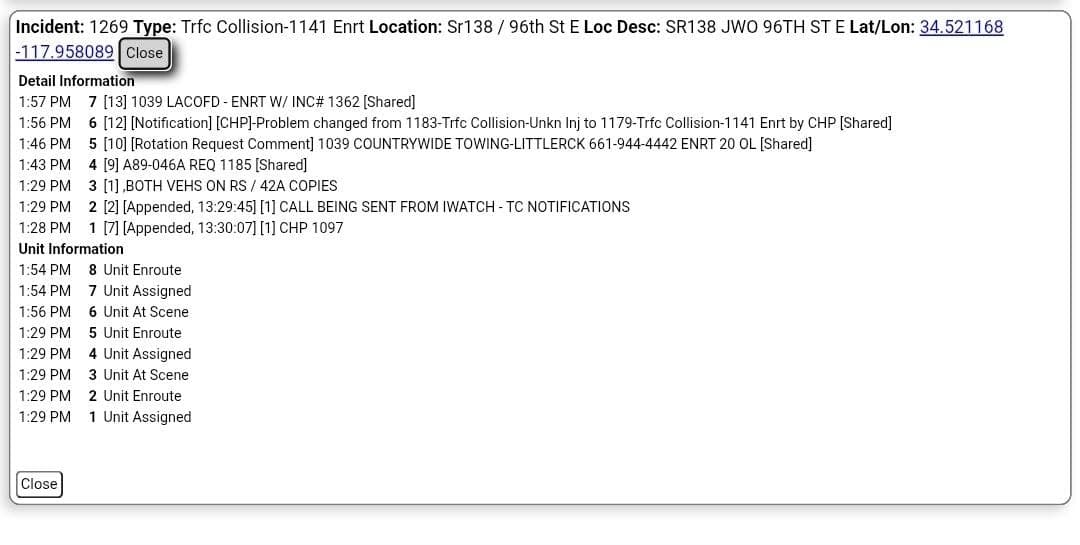 11-79....Pearblossom Highway and 96th Street East....CHP officer has visual of two vehicle...