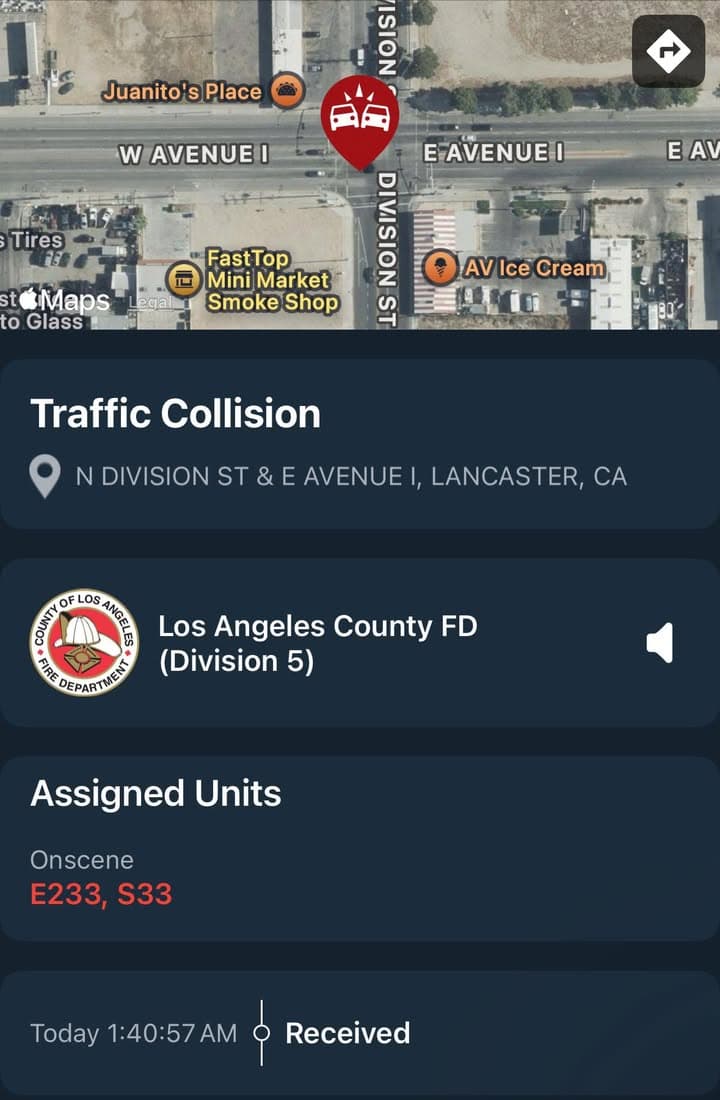 902T/902R…Division Street and Avenue I…reported traffic collision…Sheriff and FD enroute code 3...