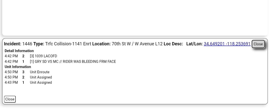 11-79.....70th Street West and Avenue L-12.....vehicle vs dirtbike, rider bleeding from head....CHP,...