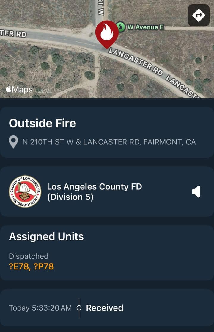 904…210th Street West and Lancaster Road…outdoor fire reported…Sheriff and FD enroute code...