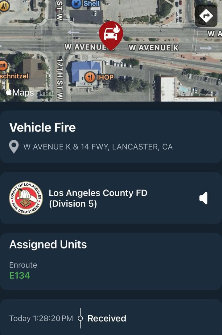 904A…17th Street West and Avenue K…reported vehicle fire…Sheriff and FD enroute code...