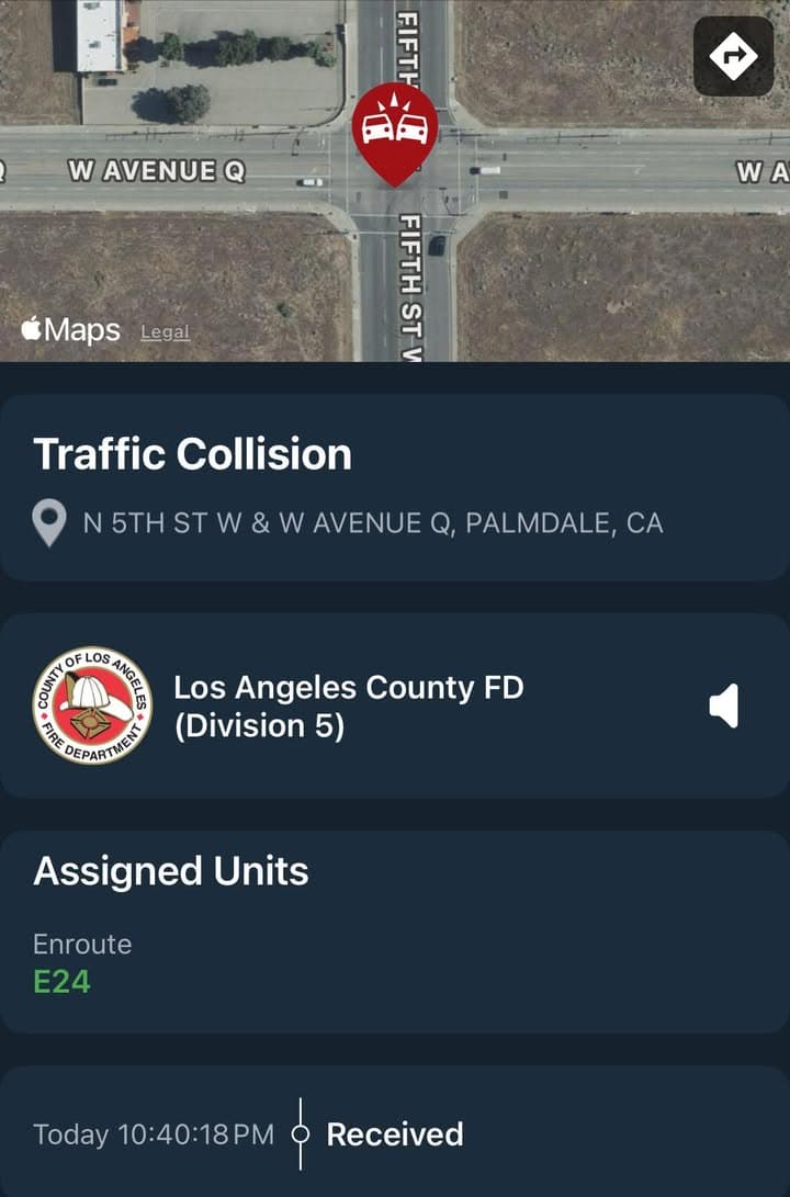 902T/902R…5th Street West and Palmdale Blvd…reported traffic collision…Sheriff and FD enroute code...