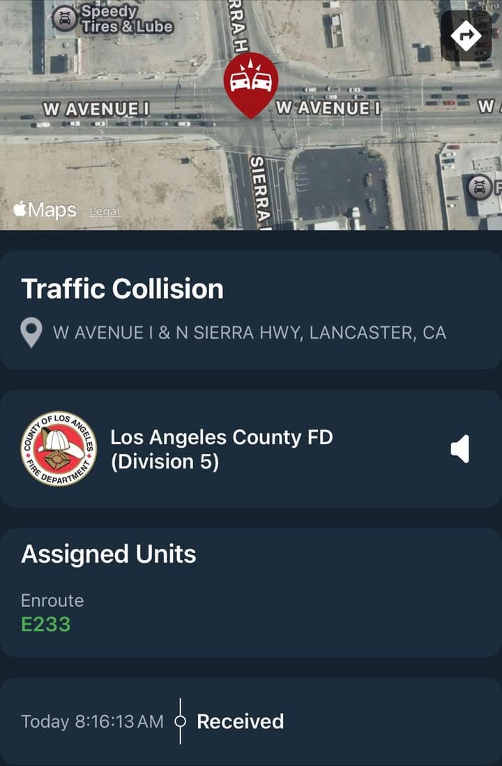 902T/902R…Sierra Highway and Avenue I…2 vehicle traffic collision west of Avenue I…Sheriff...
