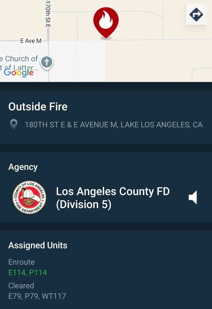 Grass fire....180th Street East and Avenue M....fire at location....FD enroute code 3...