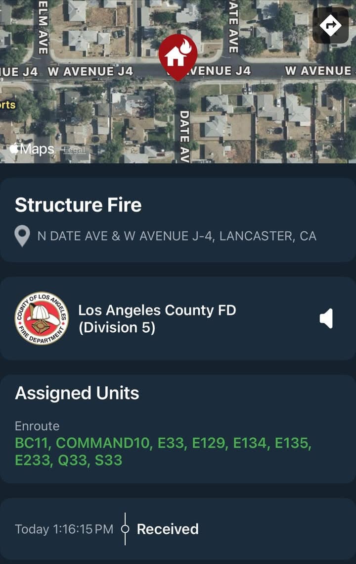 904S..Date Avenue and W. Avenue J4…reported structure fire…Sheriff and FD enroute code...
