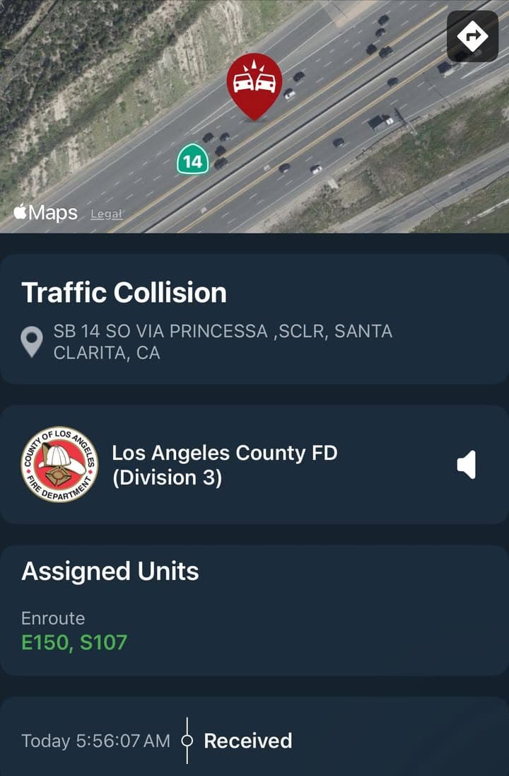 11-79…SB14 at Via Princessa…solo vehicle traffic collision…vehicle vs center median…CHP and FD...