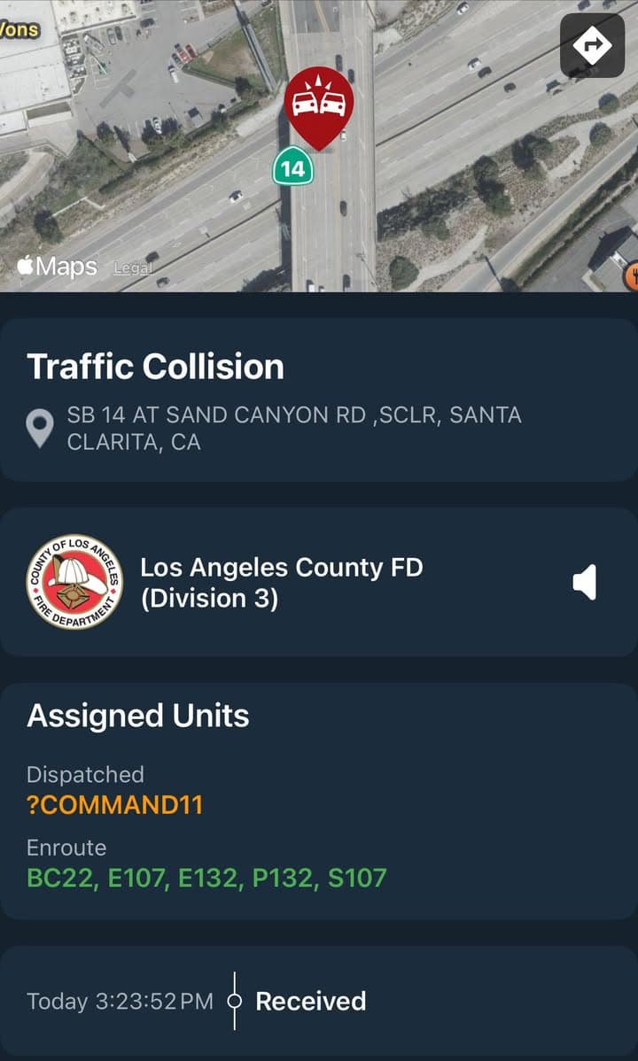 11-79…SB14 at Sand Canyon…multi-vehicle traffic collision…CHP and FD enroute code 3 UPDATE:...