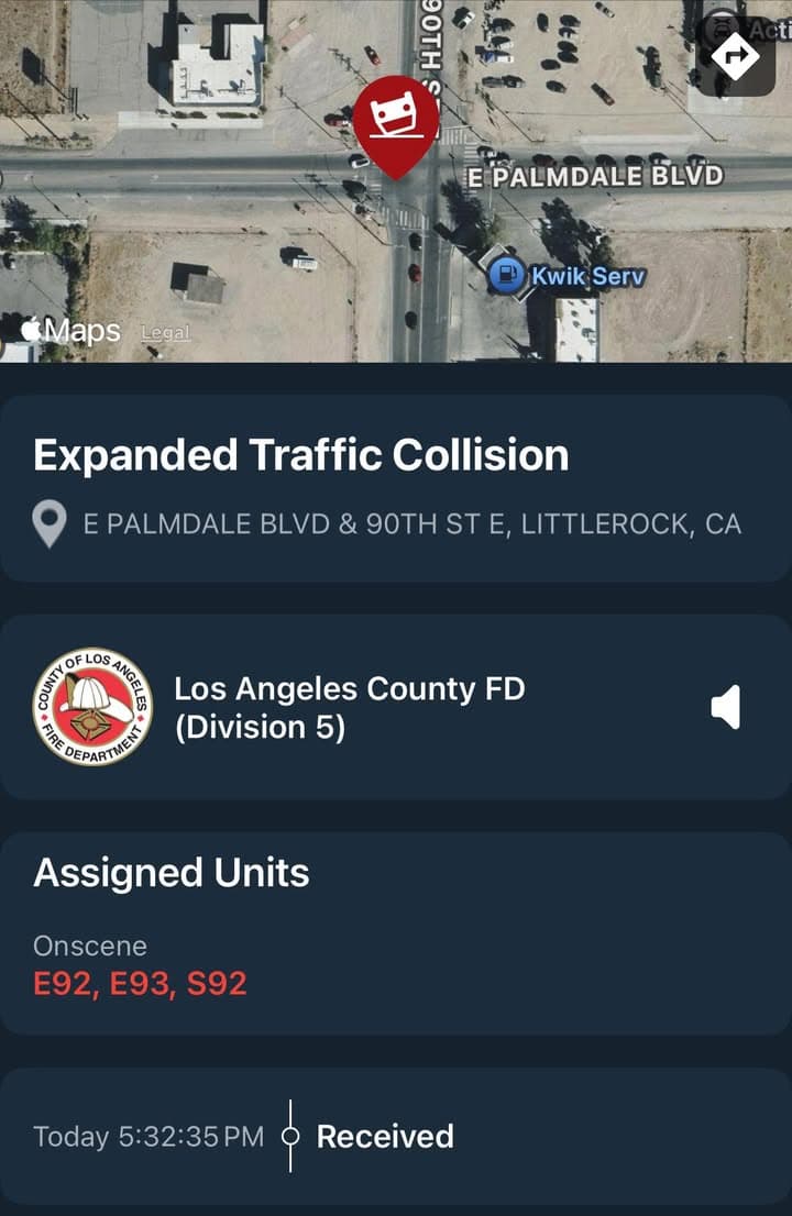 11-79…Palmdale Blvd and 90th Street East…Toyota Camry vs K-rail…possible entrapment…CHP and FD...