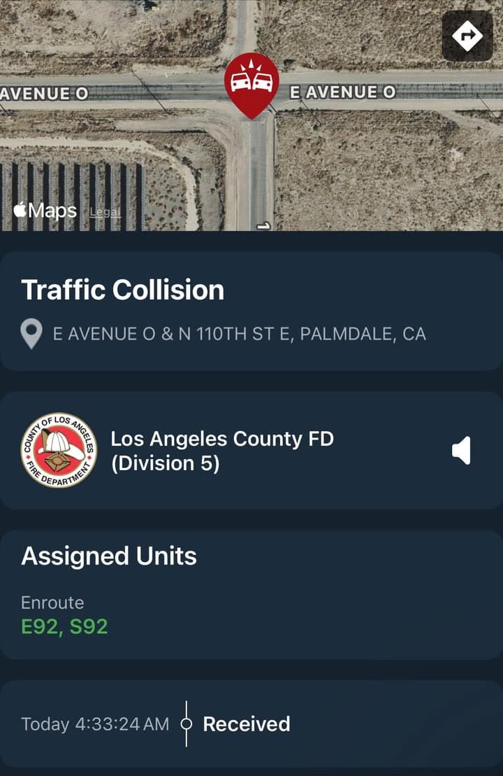 901T/902R…110th Street East and Avenue L…solo vehicle traffic collision…Sheriff and FD enroute...