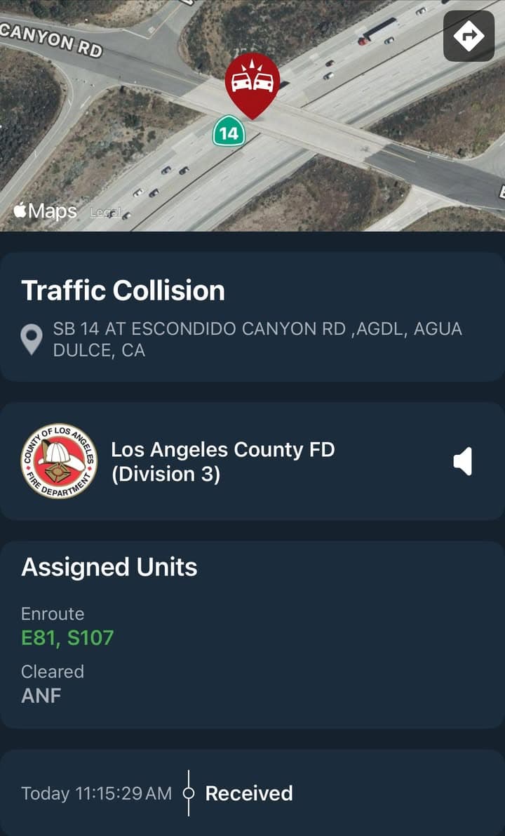 11-79…SB14 north of Agua Dulce Canyon Road…gray Honda Accord vs hillside…rock and...