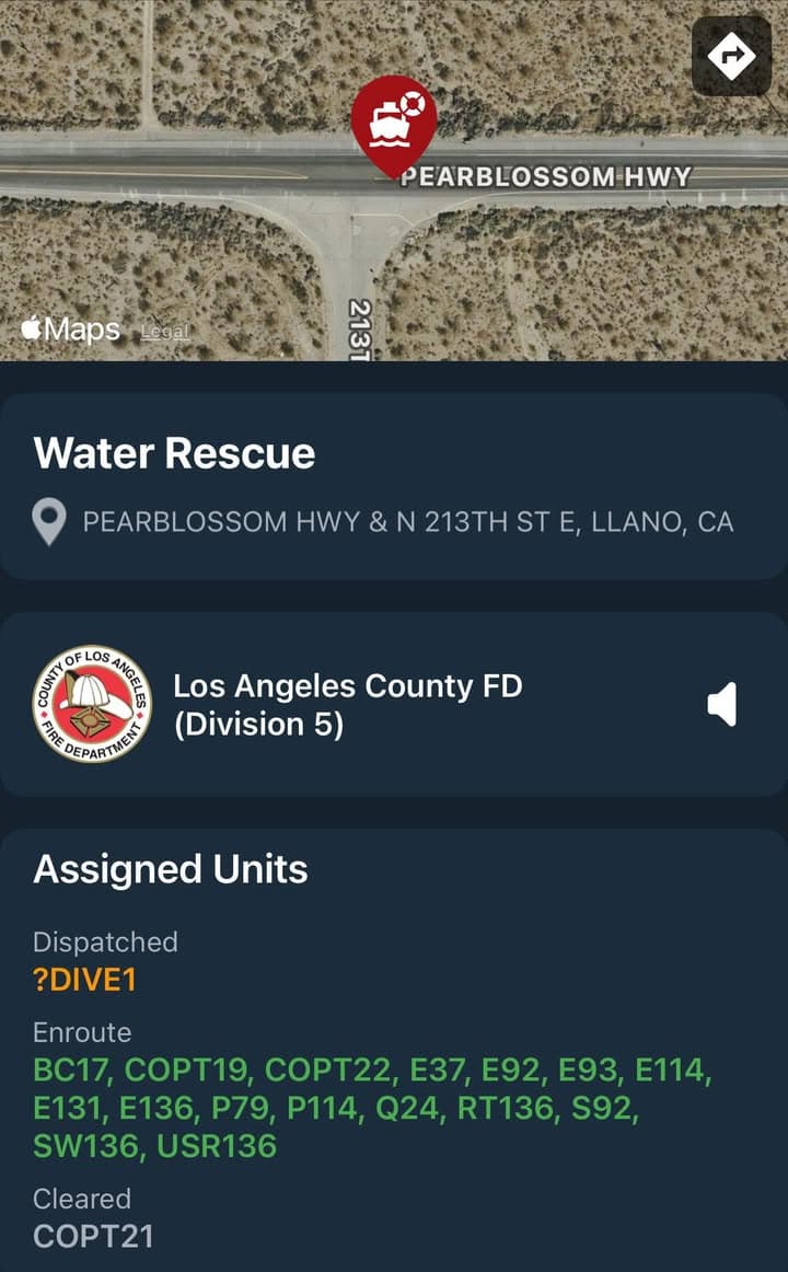 Water Rescue…213th Street East and Pearblossom Highway…swift water rescue…FD enroute code 3...