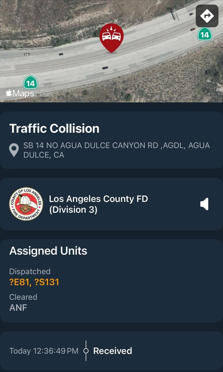 11-79…SB14 north of Agua Dulce Canyon Rd…solo vehicle traffic collision…black BMW 528...