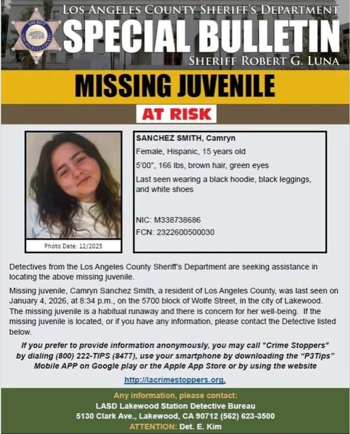 #LASD is Asking for the Public's Help Locating At-Risk Missing Juvenile, Camryn...