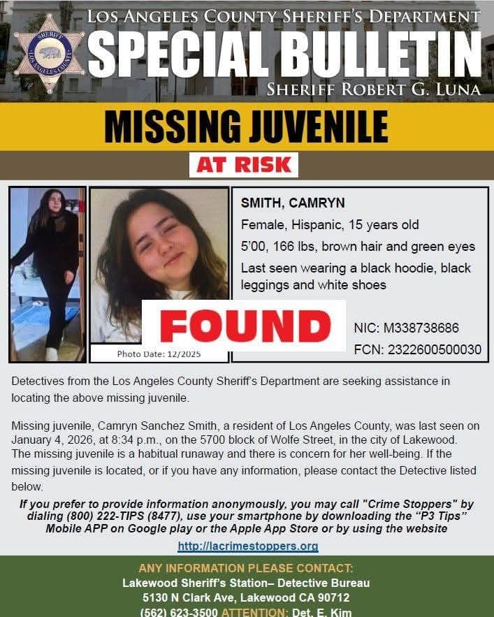 Los Angeles County Sheriff's Department Lakewood Station is advising Camryn Sanchez Smith...
