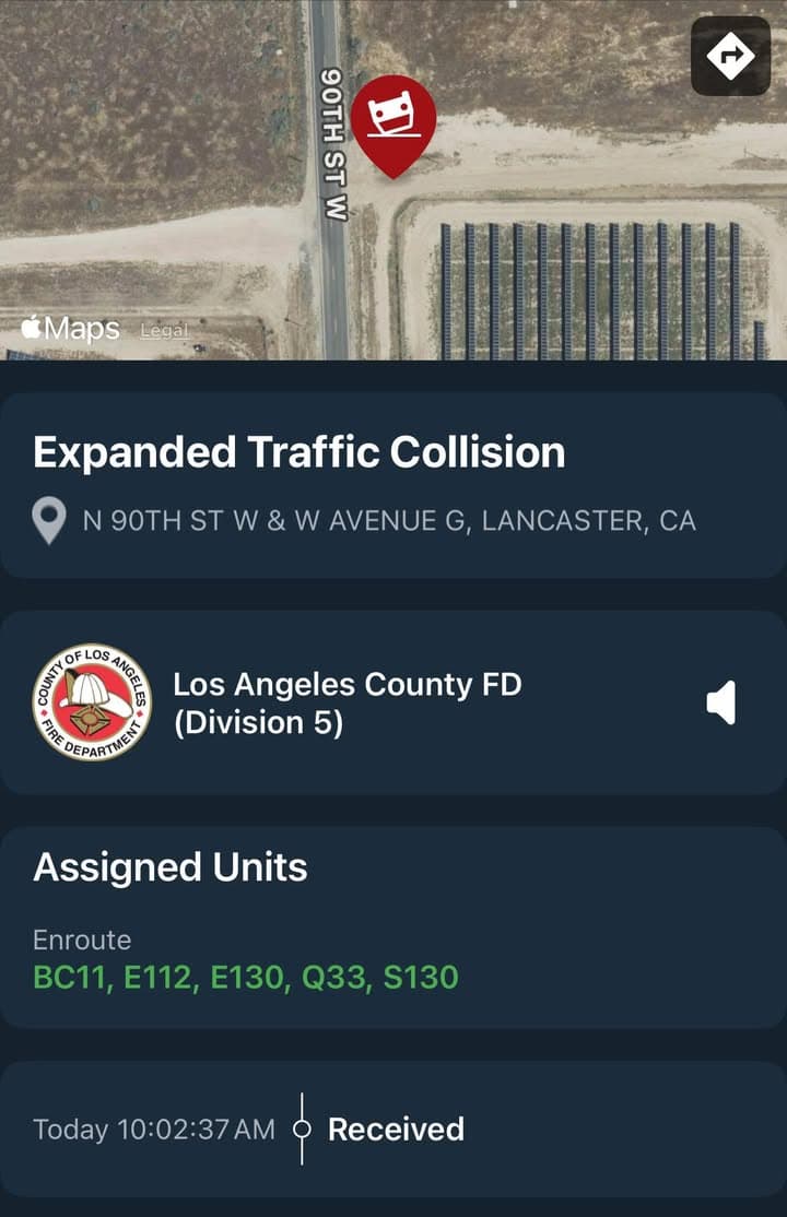 11-79…90th Street West and Avenue G…solo vehicle rollover…possible entrapment…CHP, Sheriff and FD...