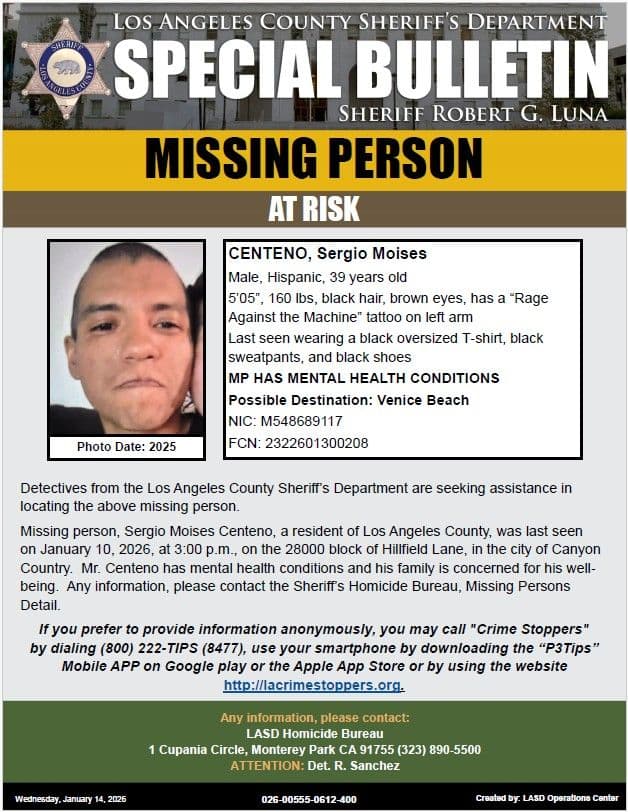 #LASD is Asking for the Public’s Help Locating At-Risk Missing Person, Sergio...