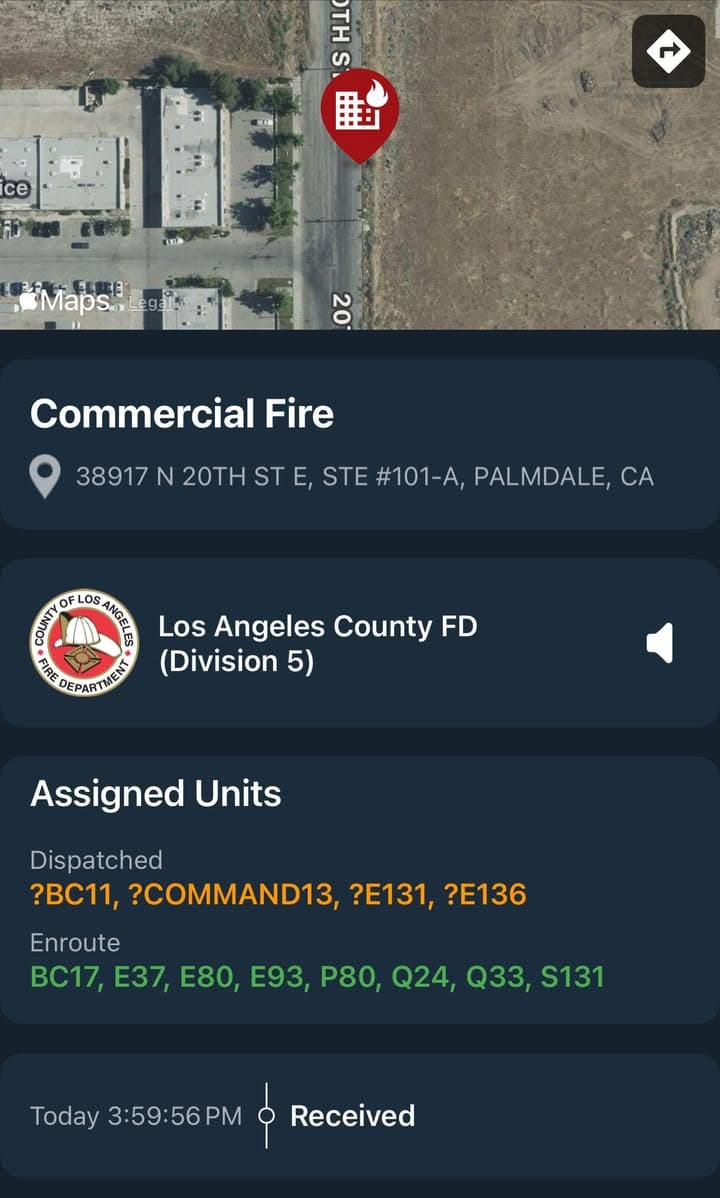 904S…38917 20th Street East, suite 101A…reported commercial structure fire…Sheriff and FD enroute...