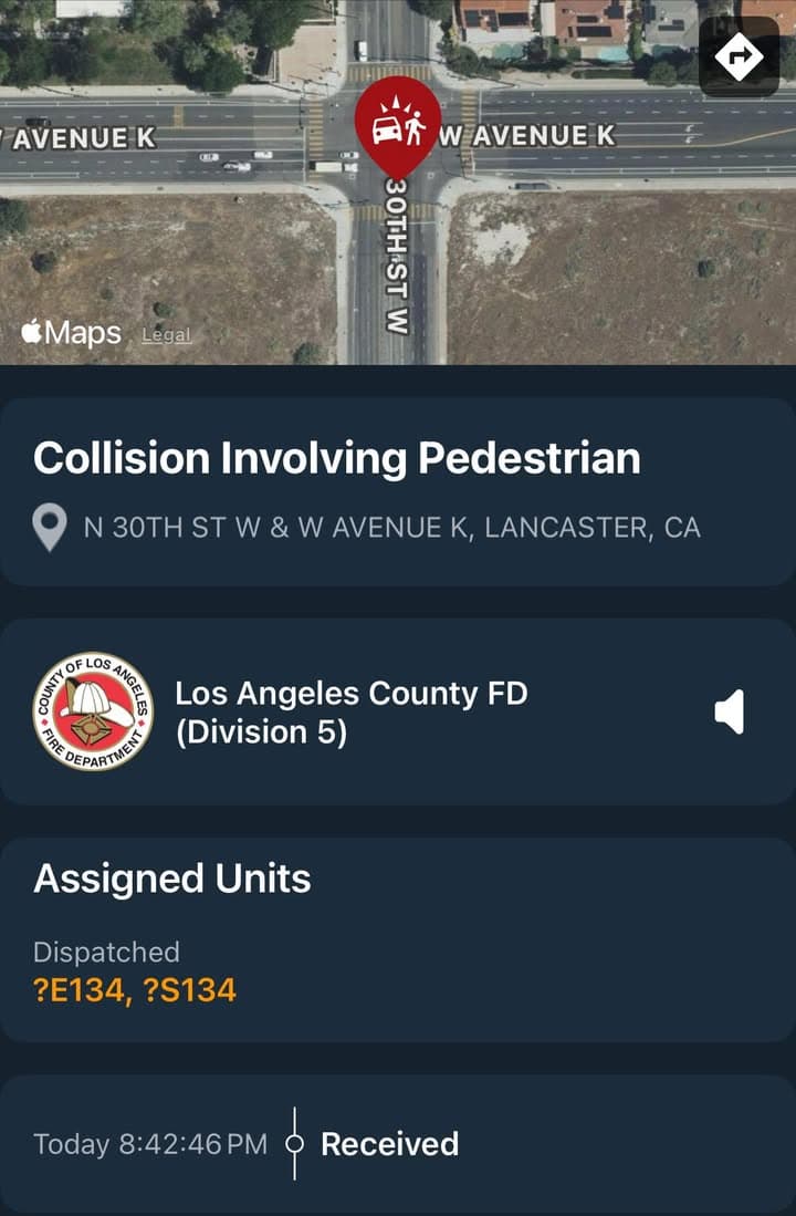 ****CONFIRMED FATALITY**** 902T/902R…30th Street West and Avenue K…vehivle vs pedestrian…Sheriff and FD...
