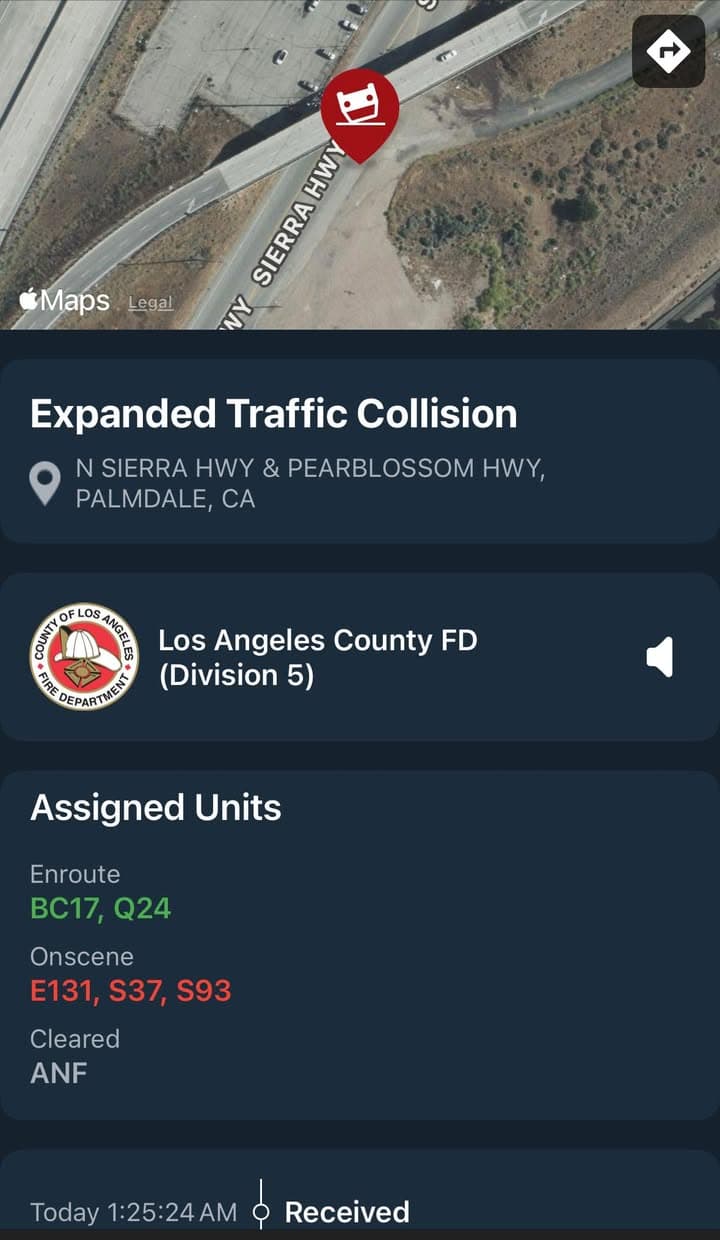 902T/902R/914C…Sierra Highway and Pearblossom Highway…2 vehicle traffic collision…female heard screaming in background…Sheriff,...