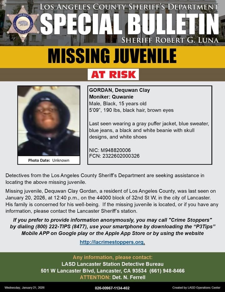 #LASD is Asking for the Public's Help Locating At-Risk Missing Person, Dequwan...